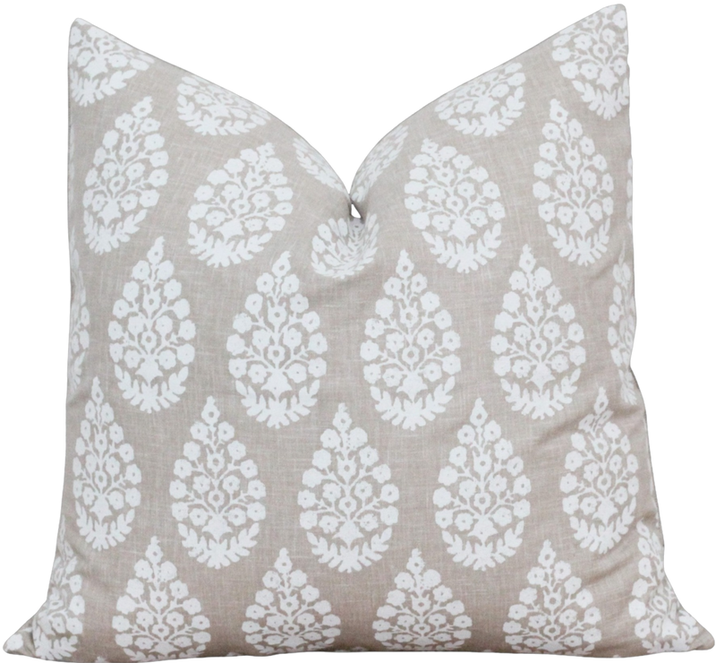 Tan and White Handblocked Pillow Cover | Chandra