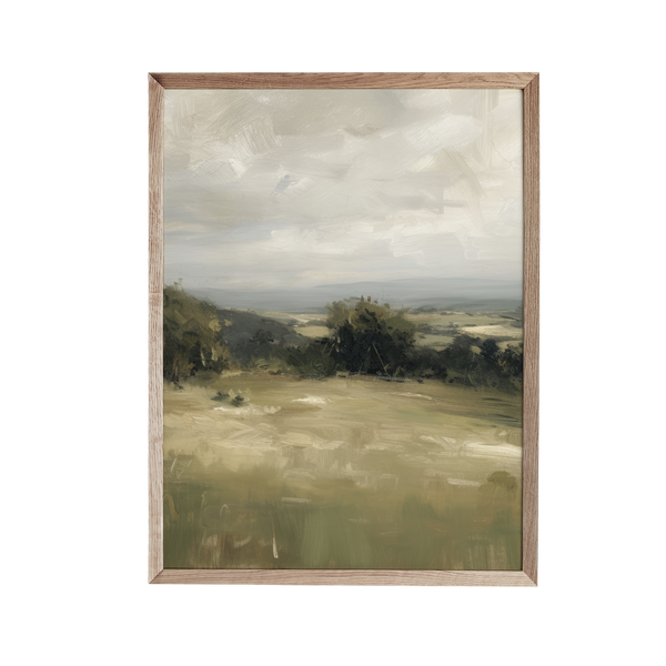 a painting of a field with trees in the distance