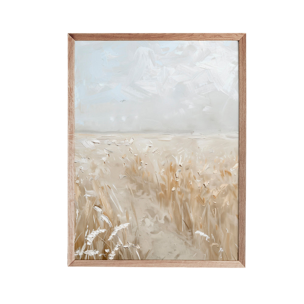 a painting of a wheat field with a sky in the background