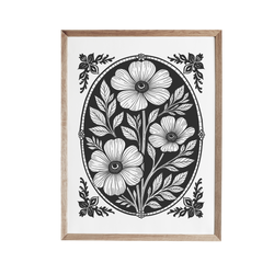 a black and white drawing of flowers in a circle