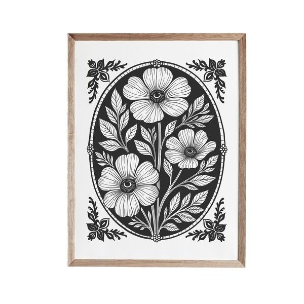 a black and white drawing of flowers in a circle