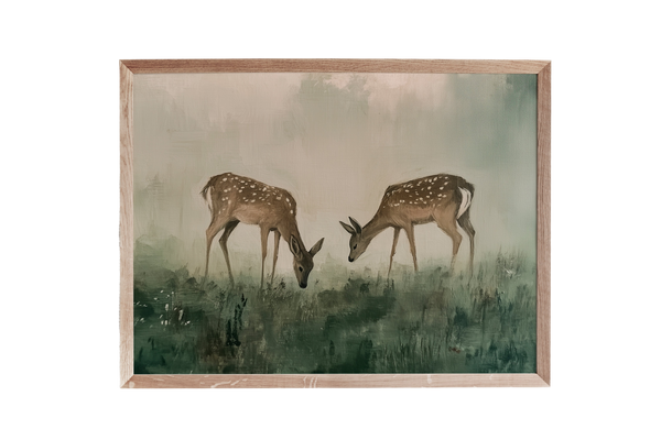 a painting of two deer standing next to each other