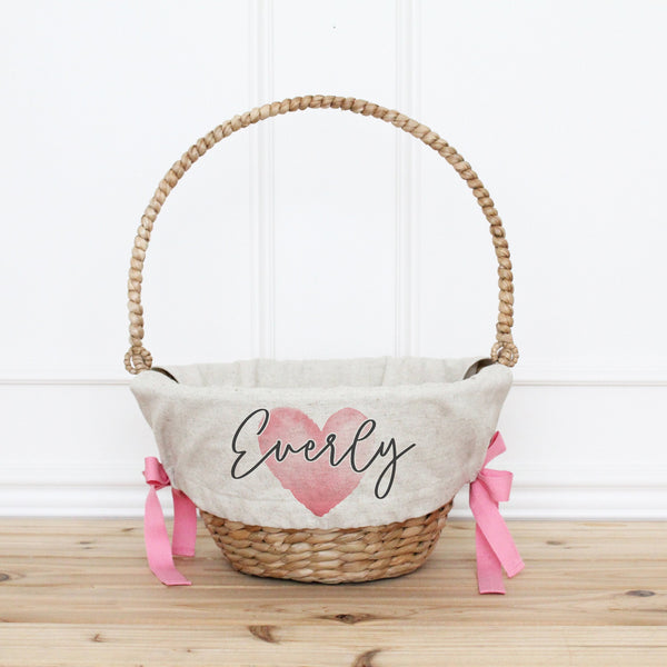 Personalized Valentine's Day Gift Basket Liner with Pink Ribbon