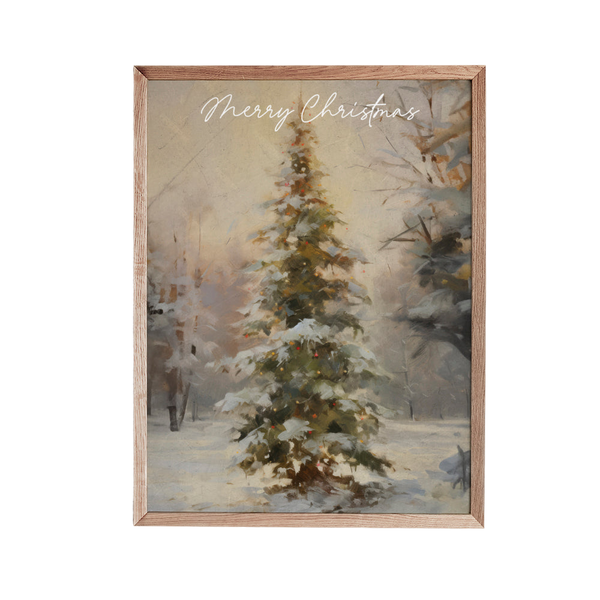 a painting of a christmas tree in the snow