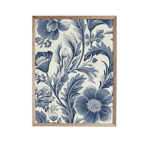 a blue and white floral wall hanging