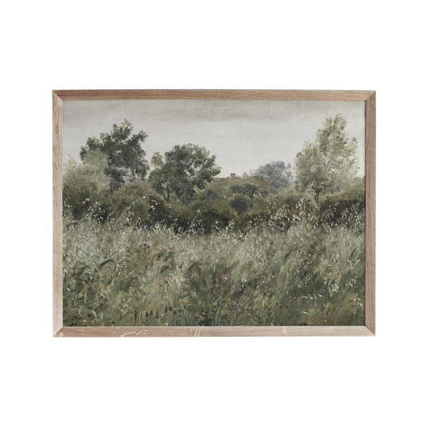 a painting of a field with trees in the background