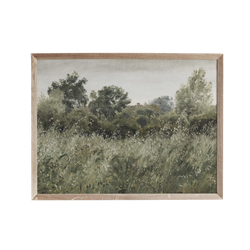 a painting of a field with trees in the background