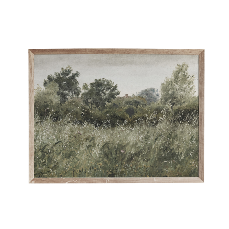 a painting of a field with trees in the background