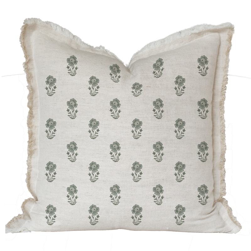 Hand Block Floral Fringe Pillow Cover | Grace