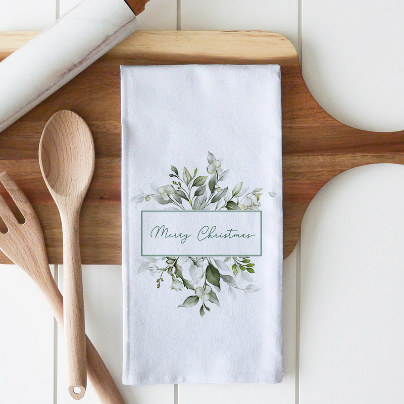 Merry Christmas Greenery Tea Towel