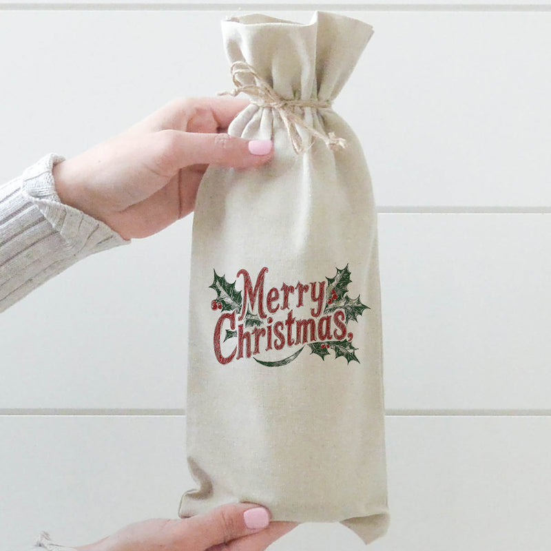 Merry Christmas Holly Wine Bag