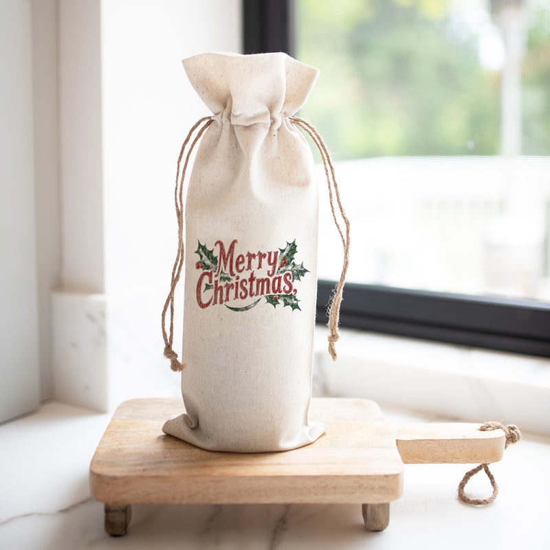 Merry Christmas Holly Wine Bag