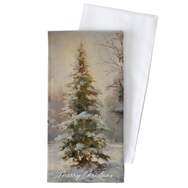 A Christmas card with a painting of a snow-covered pine tree in the foreground, and a white napkin with the text "Merry Christmas" on it.