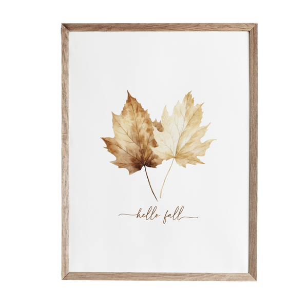 a picture of two leaves with the words hello fall