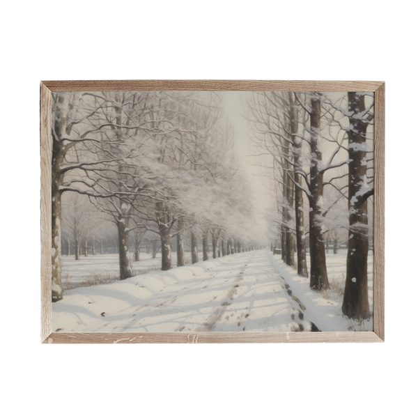 a painting of a snowy road with trees