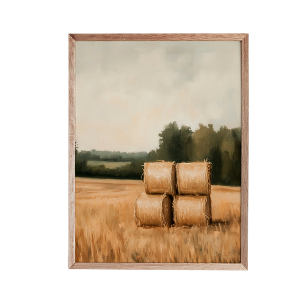 a painting of hay bales in a field
