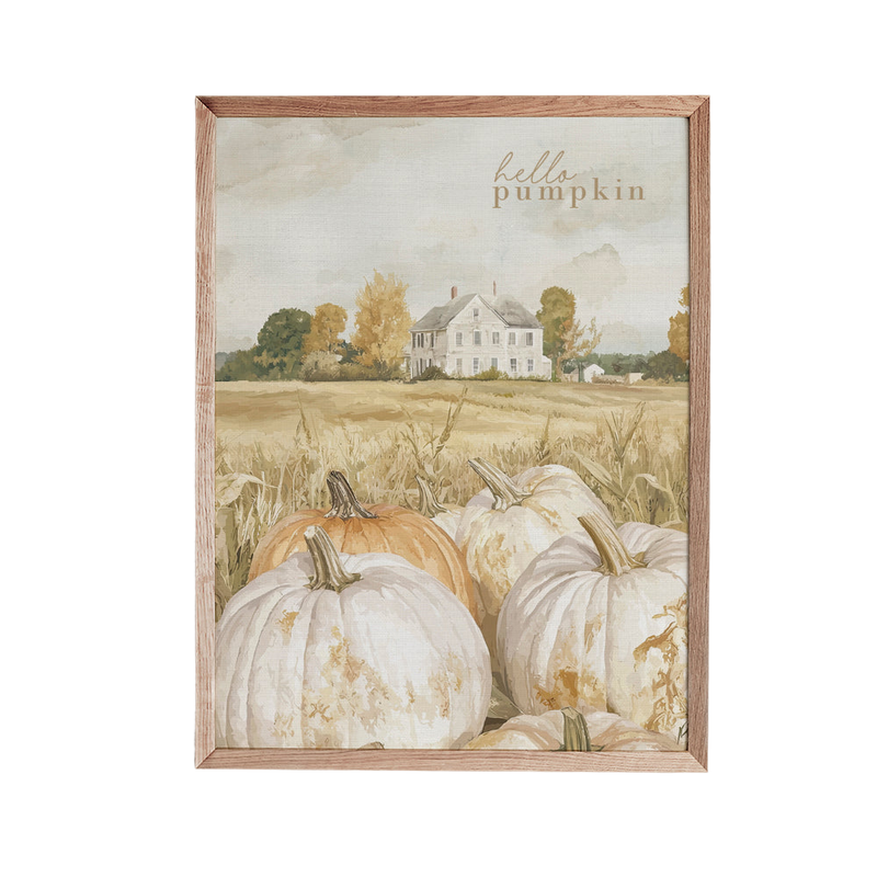 a painting of pumpkins in a field with a house in the background