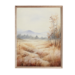 a painting of a field with trees and mountains in the background