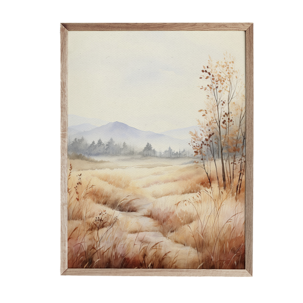 a painting of a field with trees and mountains in the background