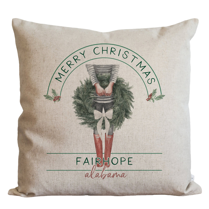 Merry Christmas Wreath Personalized Location Pillow Cover