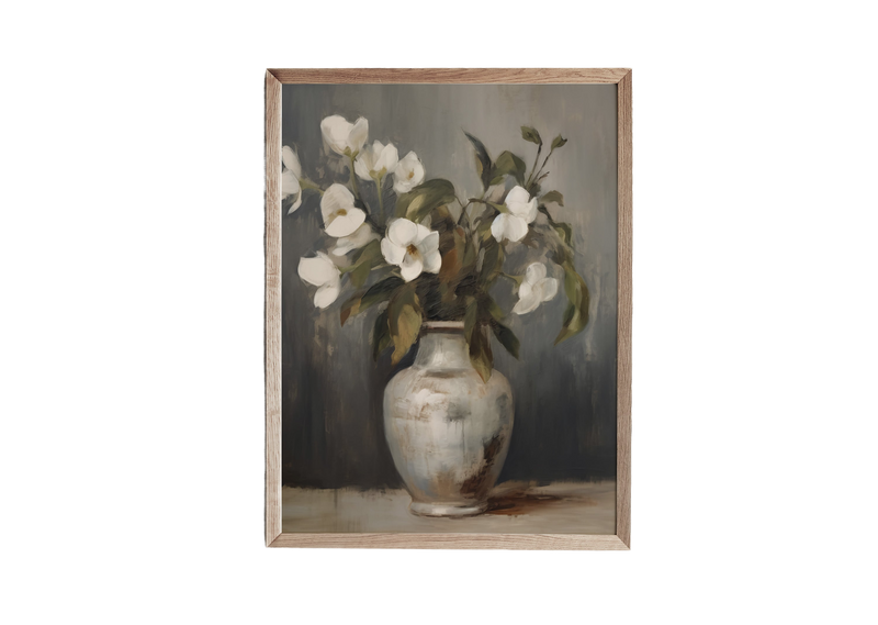 a painting of white flowers in a white vase