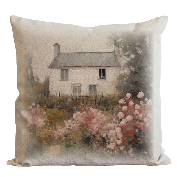 a painting of a white house surrounded by flowers