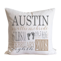Baby Stat Pillow Cover {Gray and Beige Font}.