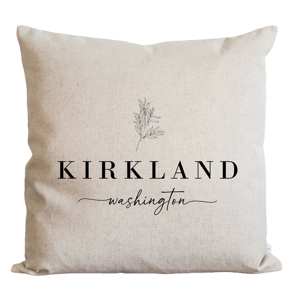 a white pillow with the words kirkland washington on it