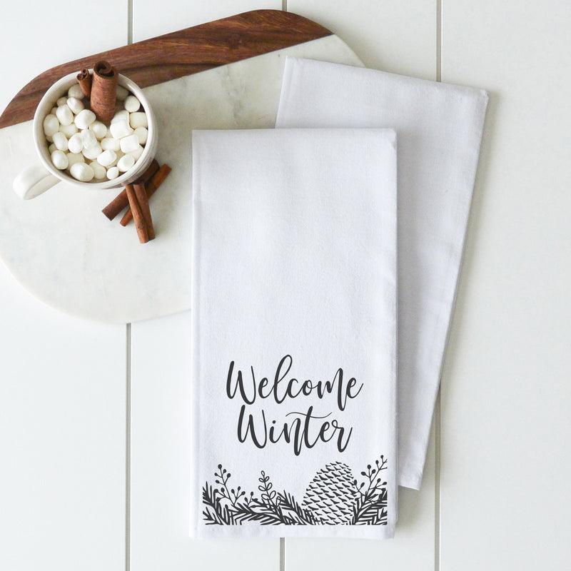 Welcome Winter Pine Cone Tea Towel