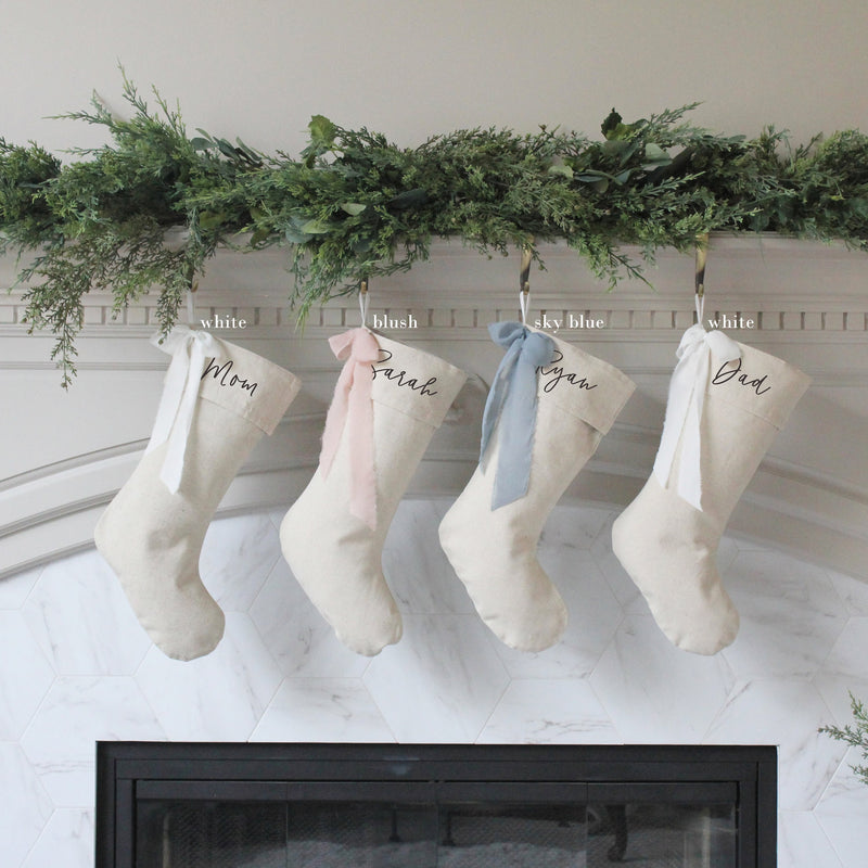 Personalized Bow Christmas Stockings | Custom Natural Linen Xmas Stocking with Bow | Neutral Family Christmas Stocking | Farmhouse Stockings