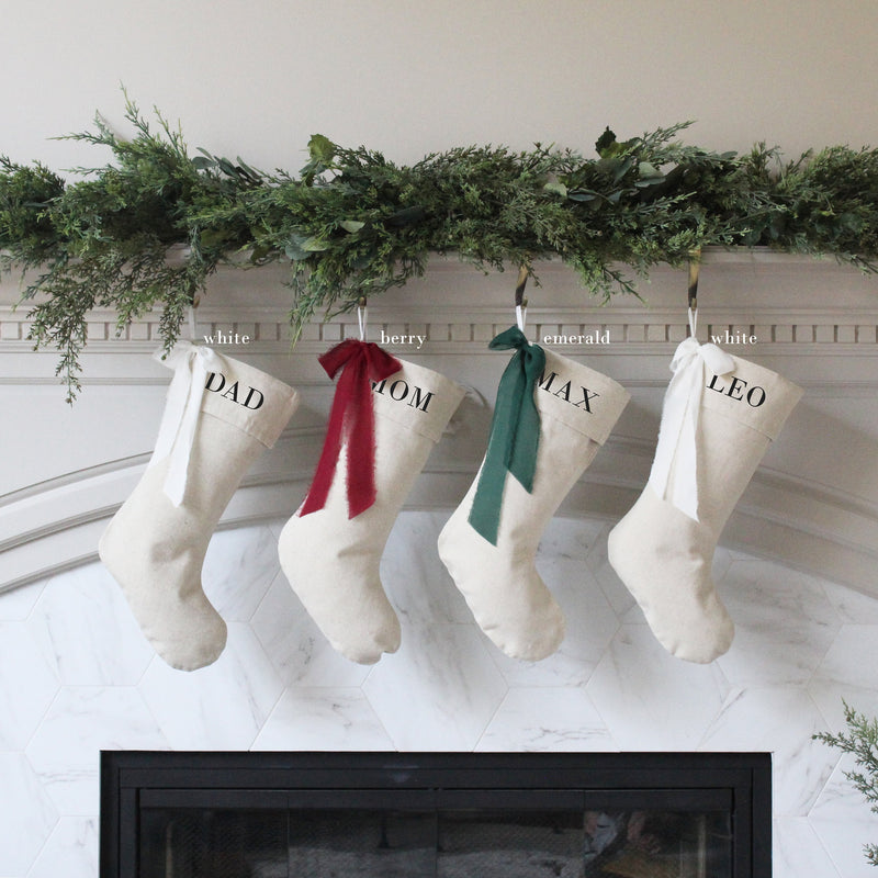 Personalized Bow Christmas Stockings | Custom Natural Linen Xmas Stocking with Bow | Neutral Family Christmas Stocking | Farmhouse Stockings
