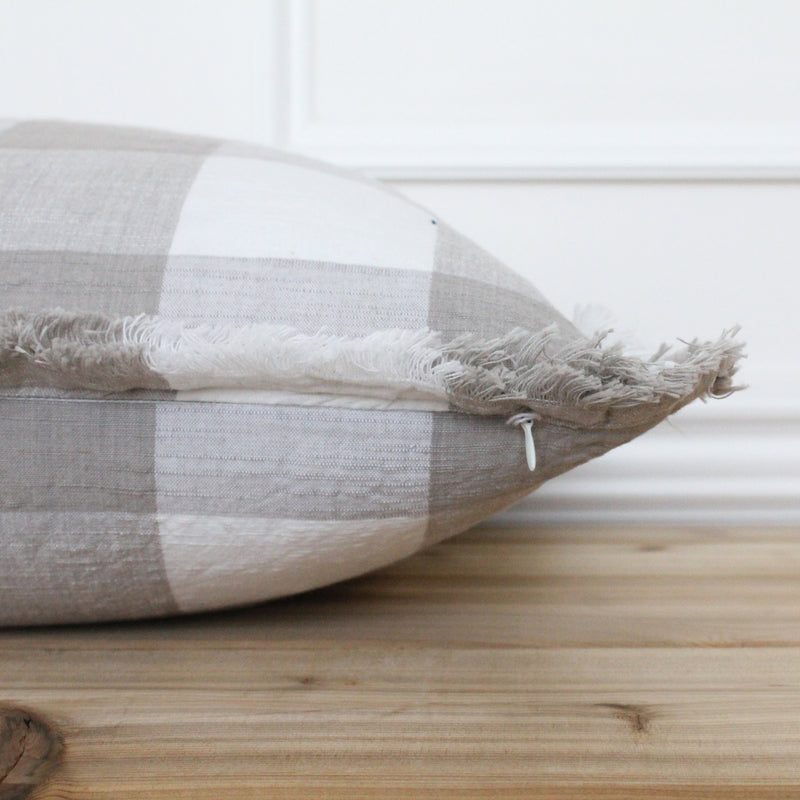 Gray Buffalo Check Fringe Pillow Cover