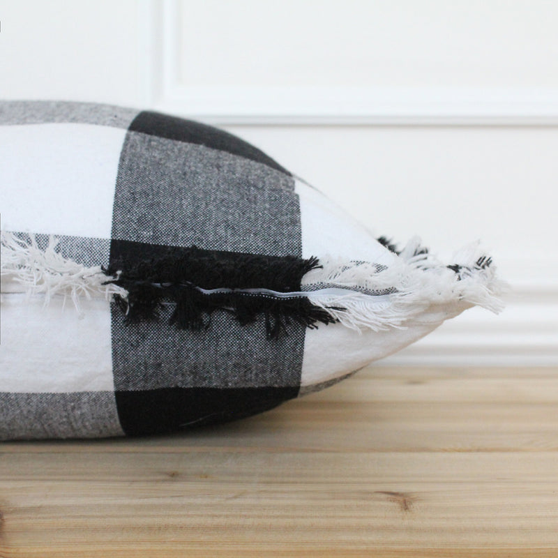 Gray Buffalo Check Fringe Pillow Cover