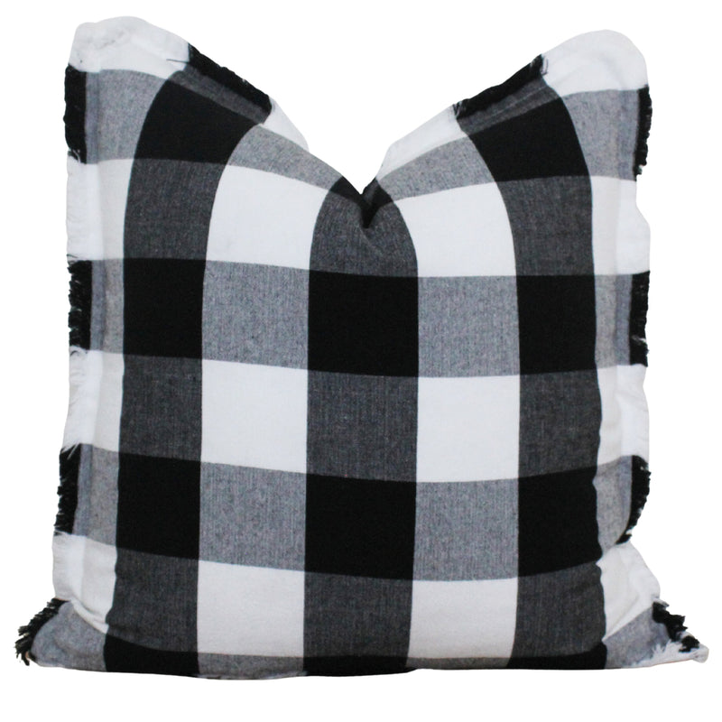 Gray Buffalo Check Fringe Pillow Cover