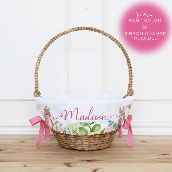 Flopsy Personalized Easter Basket Liner + Fuchsia Pink Ribbon and Font