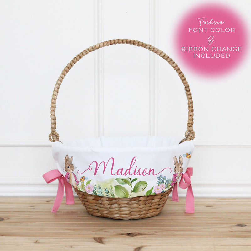 Flopsy Personalized Easter Basket Liner + Fuchsia Pink Ribbon and Font
