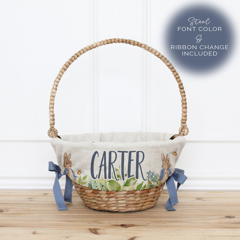 Peter Rabbit Personalized Basket Liner + Steel Blue Ribbon and Font